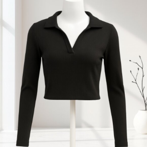 Perfectly Imperfect Women’s Top L Black Ribbed Long Sleeve Collared V Neck Casua - Picture 1 of 10